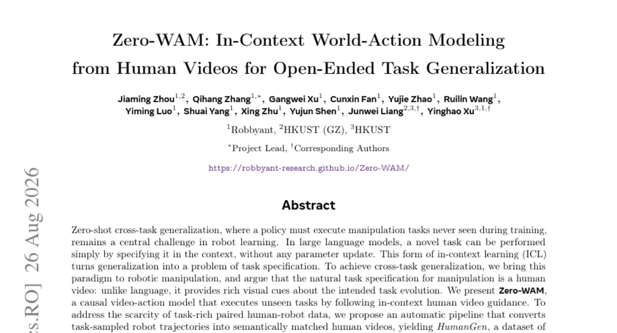 Zero-WAM: 从人类视频中进行上下文世界-动作建模以实现开放式任务泛化