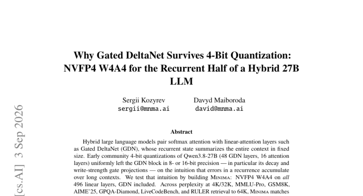 Why Gated DeltaNet Survives 4-Bit Quantization: NVFP4 W4A4 for the Recurrent Half of a Hybrid 27B LLM