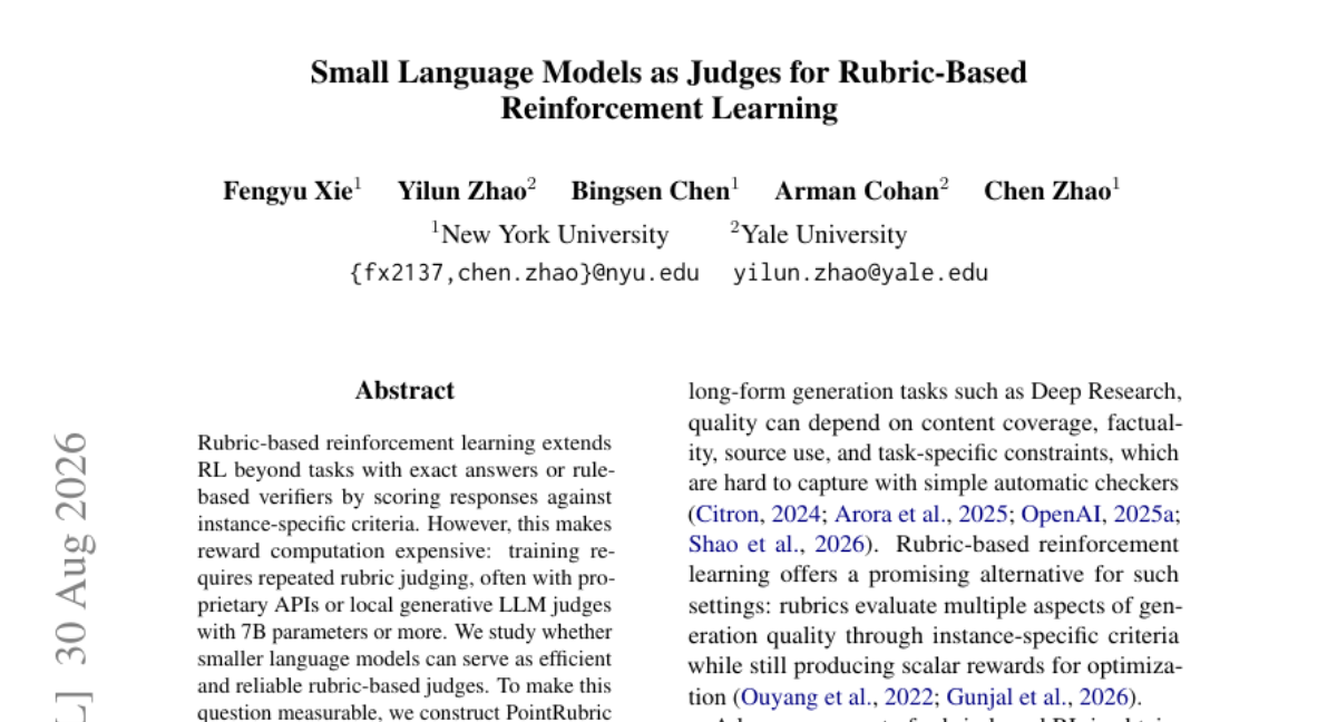 Small Language Models as Judges for Rubric-Based Reinforcement Learning