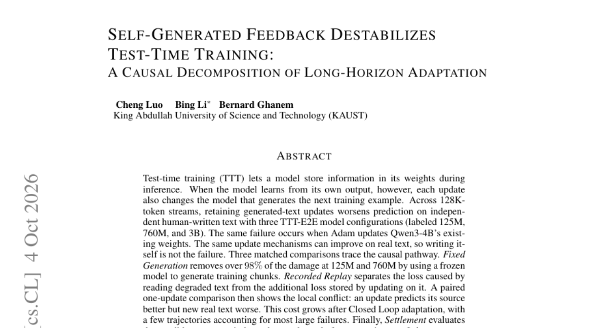 自生成反馈破坏 Test-Time Training 稳定性：长时程适应的因果分解