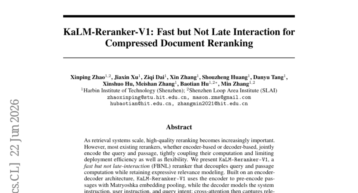 KaLM-Reranker-V1: 快速但非延迟交互的压缩文档重排序