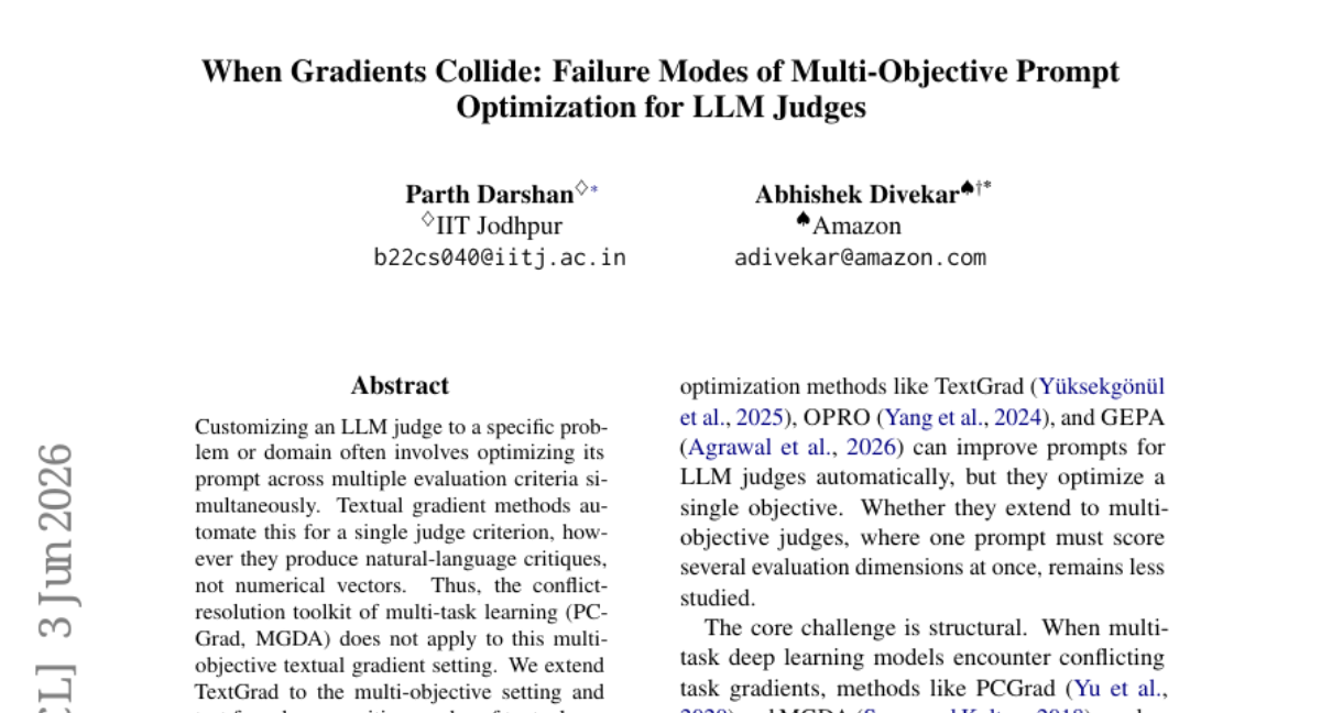 When Gradients Collide: LLM 评判器的多目标提示优化故障模式