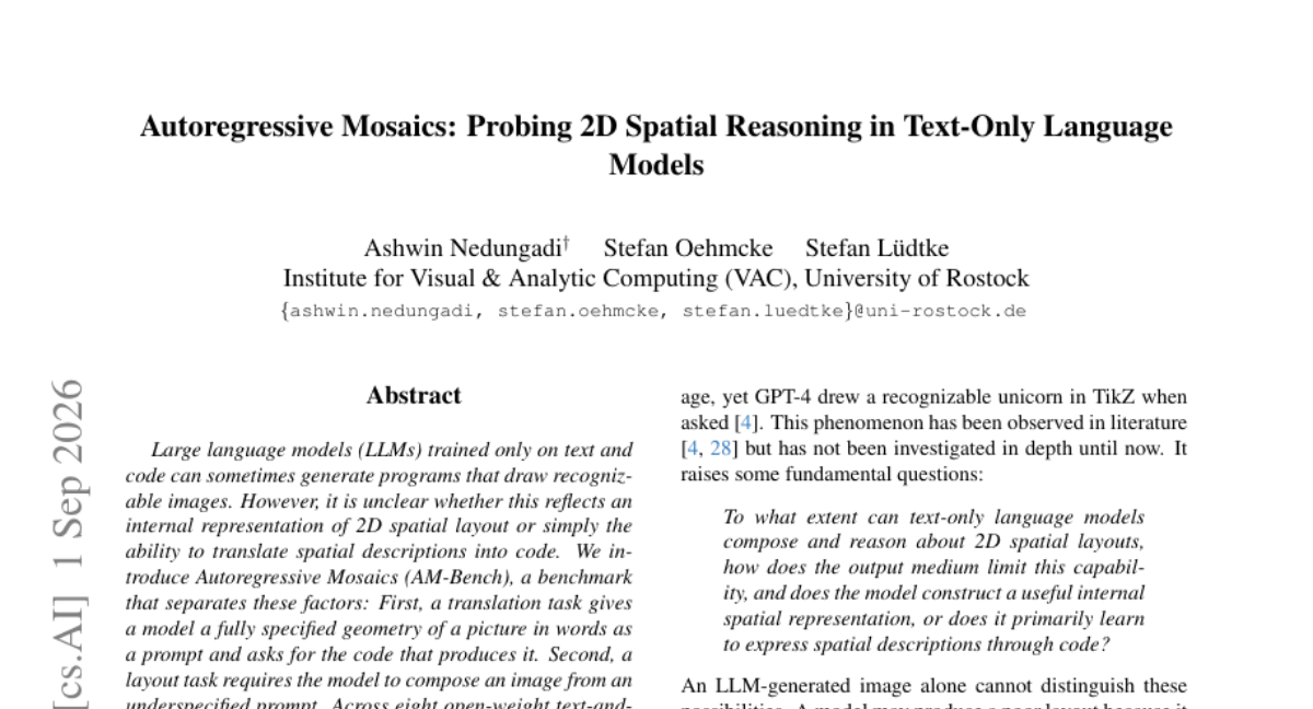 Autoregressive Mosaics: 探测文本-only语言模型中的2D空间推理能力