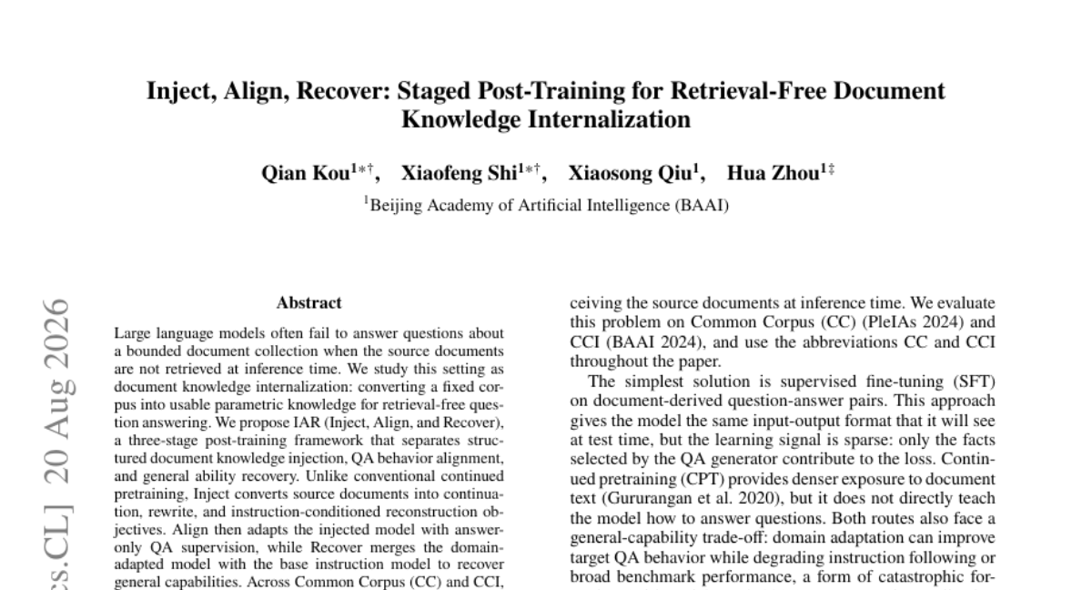 Inject, Align, Recover: 用于免检索文档知识内化的分阶段后训练