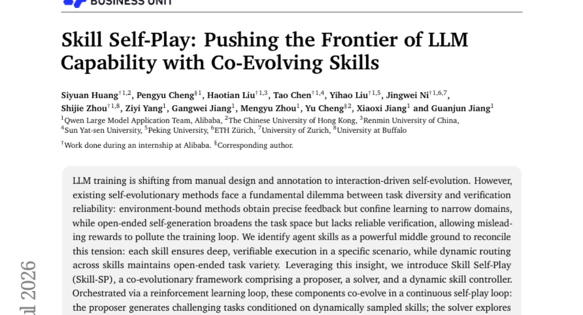 Skill Self-Play: 通过共同进化技能推动LLM能力前沿