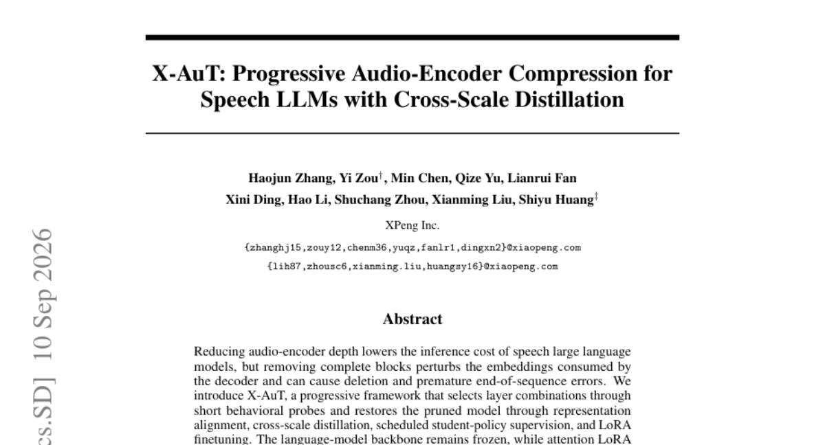 X-AuT：面向 Speech LLMs 的渐进式音频编码器压缩与跨尺度蒸馏