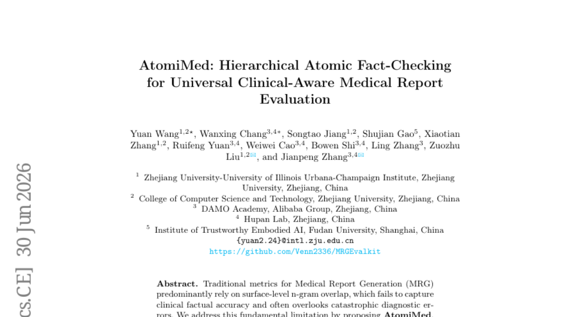 AtomiMed: Hierarchical Atomic Fact-Checking 用于通用临床感知医学报告评估