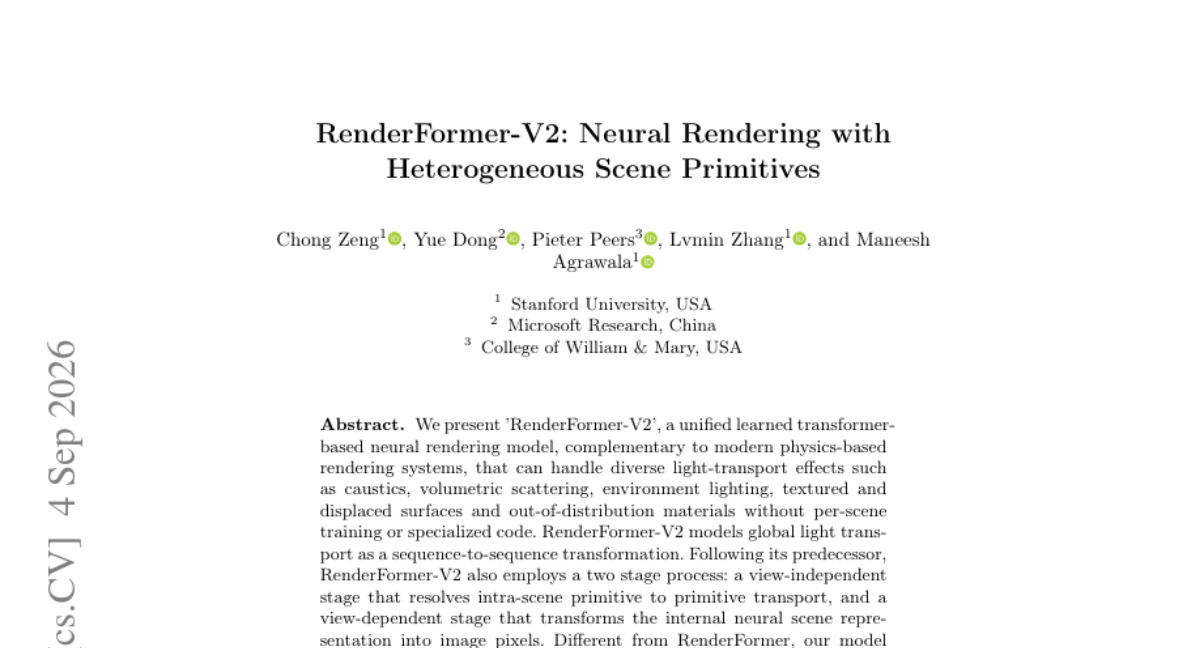 RenderFormer-V2：异构场景基元神经渲染
