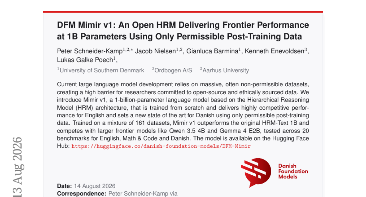 DFM Mimir v1：一个仅使用许可后训练数据、在1B参数下实现前沿性能的开放HRM