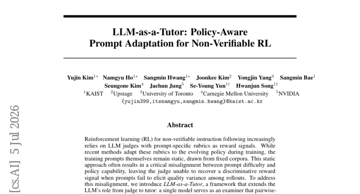 LLM-as-a-Tutor: 面向不可验证强化学习的策略感知提示适配