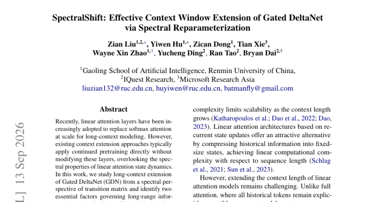 SpectralShift: 通过谱重参数化实现 Gated DeltaNet 的有效上下文窗口扩展