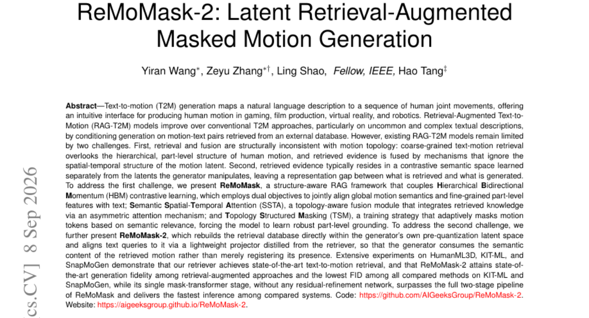 ReMoMask-2: 潜空间检索增强的掩码运动生成