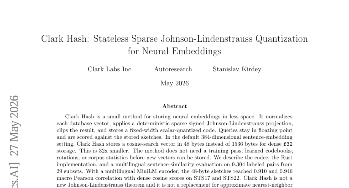 Clark Hash: 无状态稀疏 Johnson-Lindenstrauss 量化用于神经嵌入