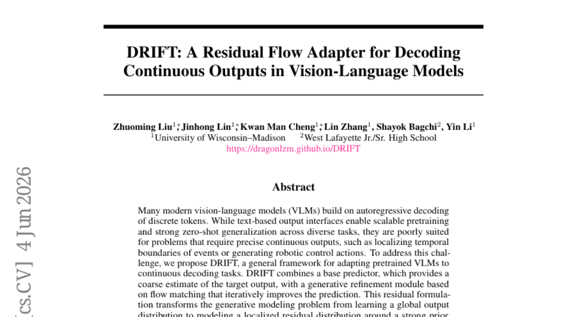 DRIFT: 一种用于视觉-语言模型中连续输出解码的残差流适配器