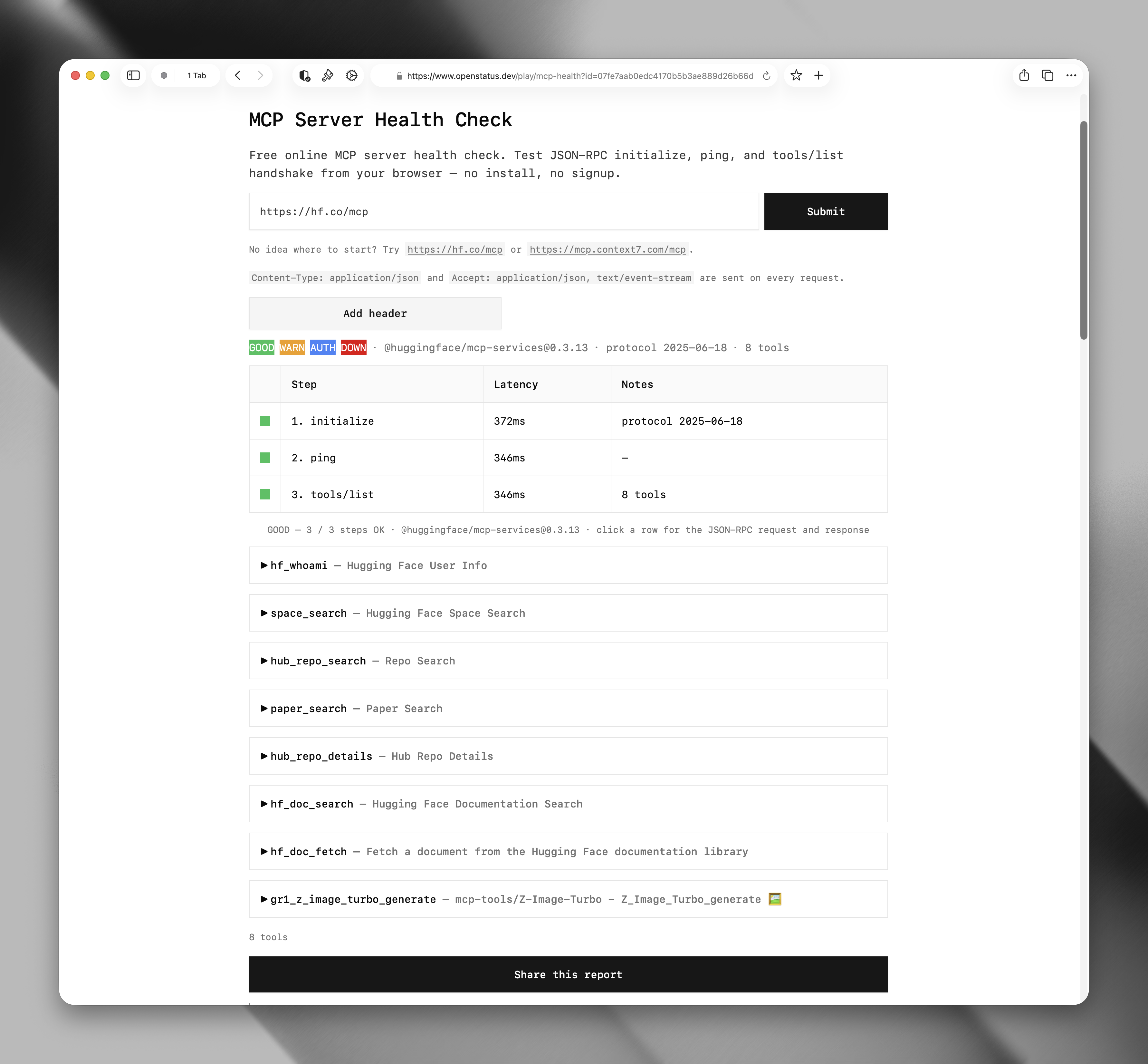 Openstatus MCP Health Checker