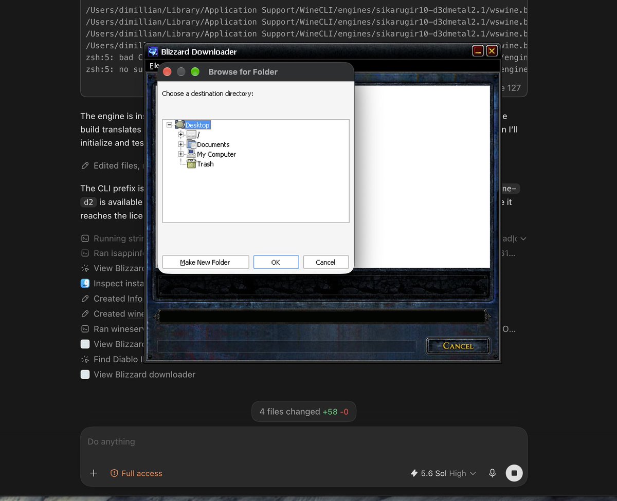 Codex Computer Use在macOS上用Wine驱动安装暗黑2。