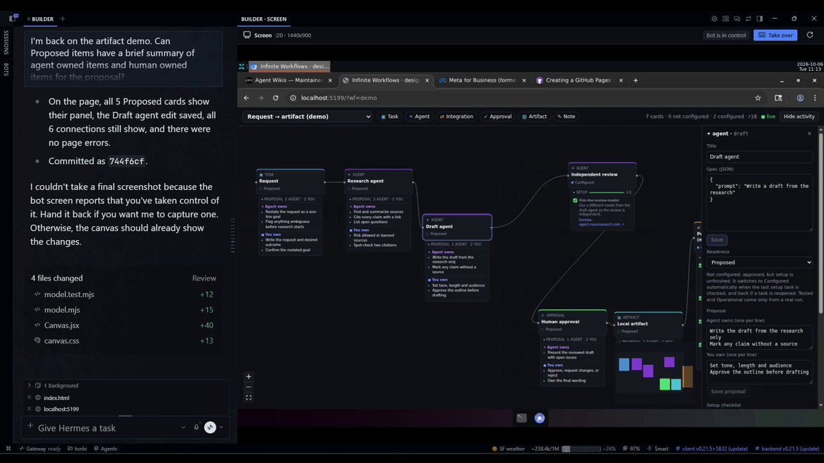 演示 Hermes 桌面应用中 Bot Screen 用于 agentic workflow 画布的真实用例