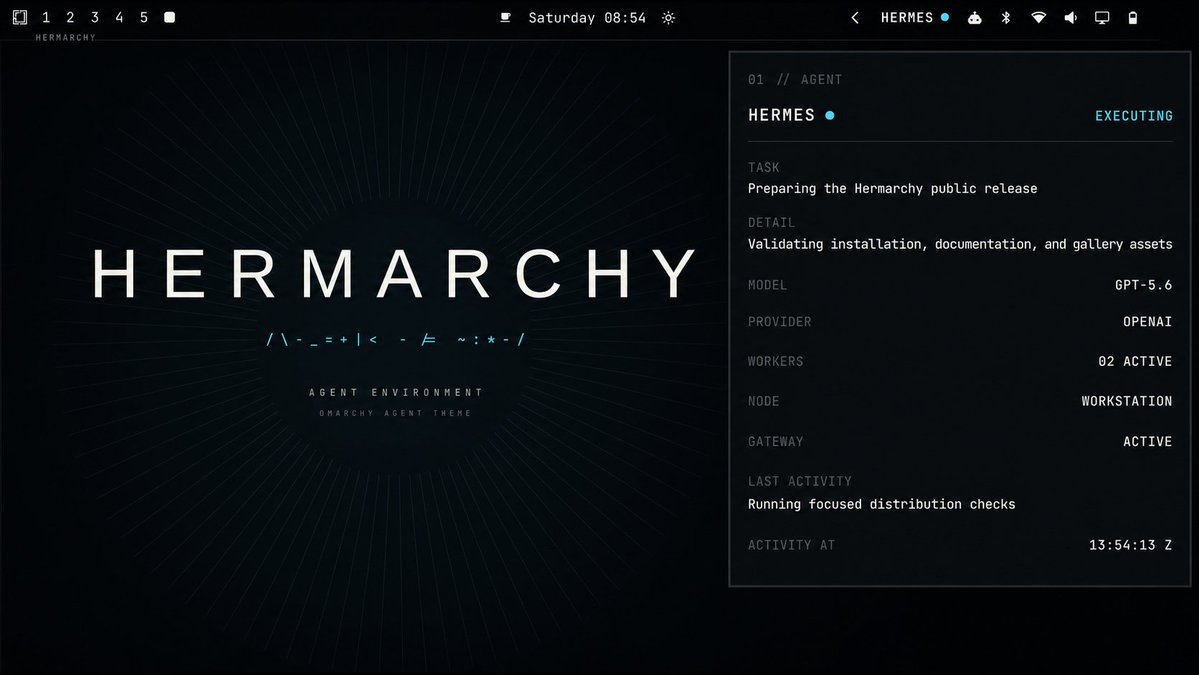 为 Omarchy 打造的克制主题 Hermarchy，用颜色显示 Hermes 智能体状态，v1.0.0 发布。