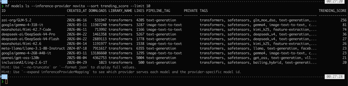 通过HuggingFace CLI发现Novita模型，支持过滤和JSON输出