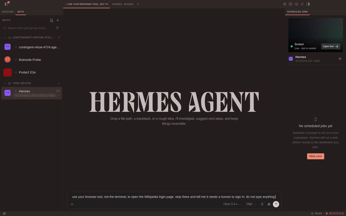 Hermes Agent 教程:用 Bot Screen 让 bot 拥有桌面并在登录时人工接管