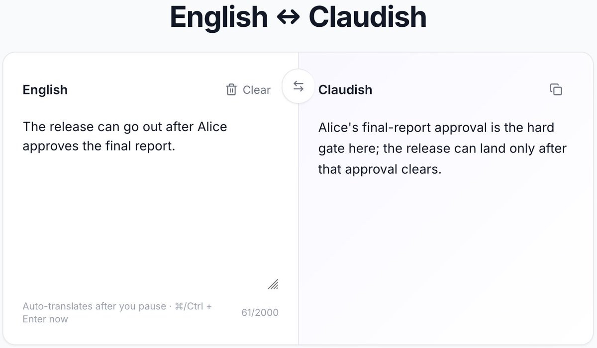 开发者将Claude视作语言，构建英英与Claudish互译器。