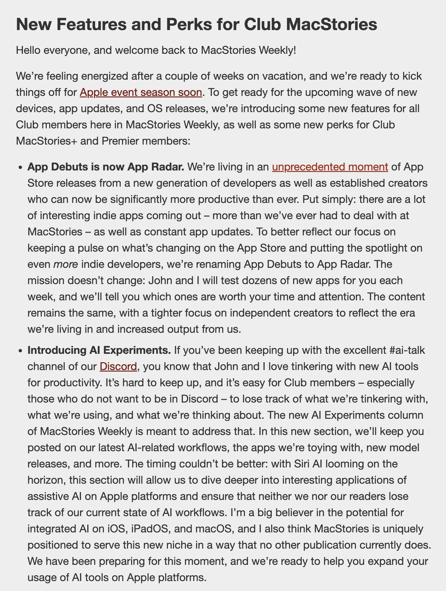 MacStories周刊改版，新增AI实验专栏并推出agent工具