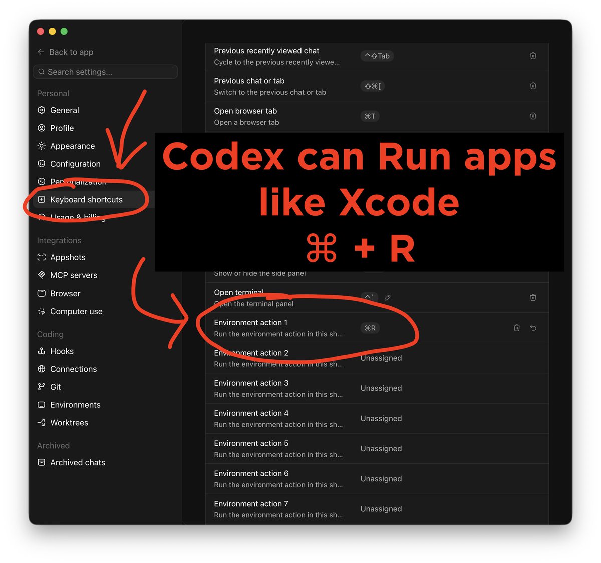 Codex支持环境运行操作的键盘快捷键，可设置运行应用而不打开Xcode