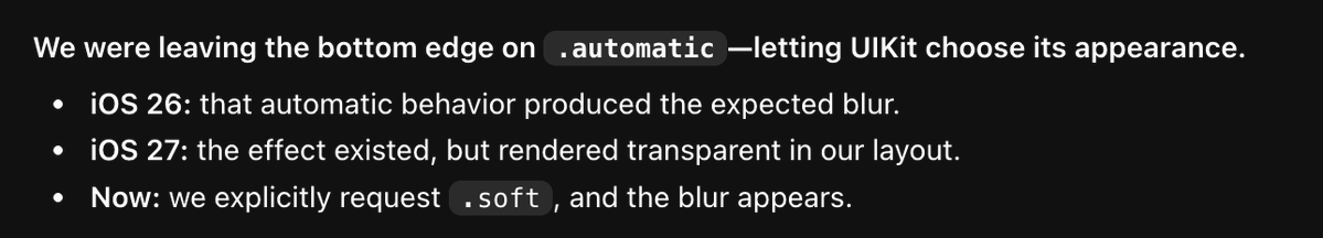iOS 27 底部边缘柔和模糊需显式指定 .soft,默认 .automatic 失效