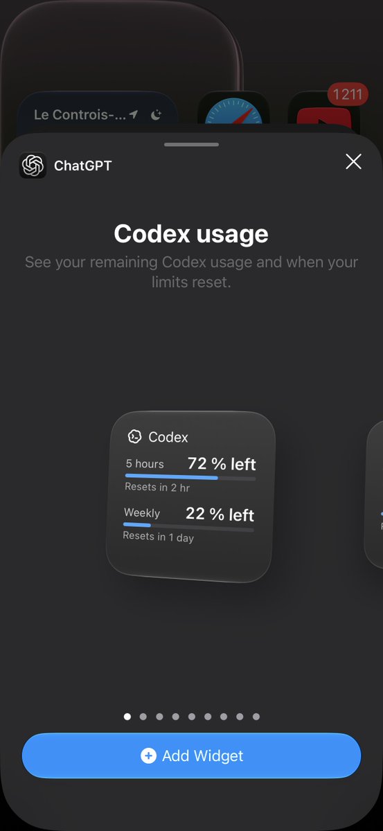 ChatGPT iOS 更新为 Codex 添加小组件，锁屏可查看使用限额