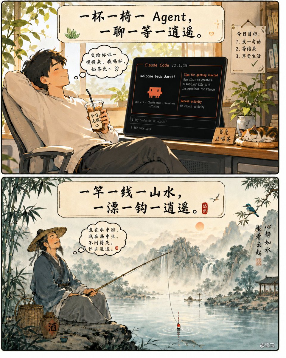 以钓鱼比喻使用Agent的悠闲心态