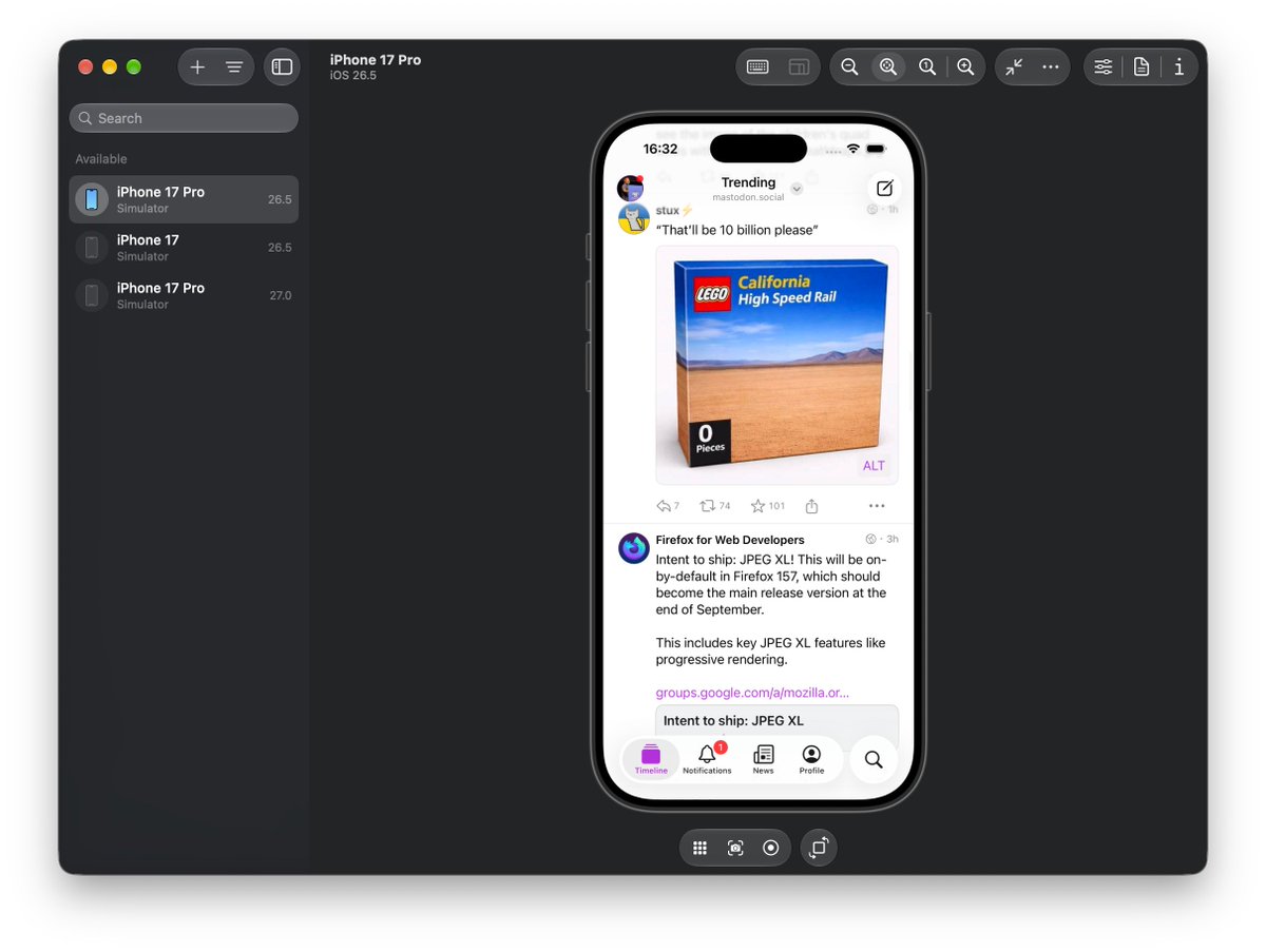评价Xcode 27 Device Hub，认为管理模拟器更方便