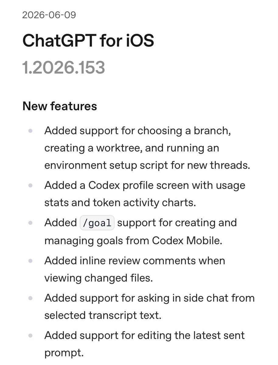 Codex Mobile 新增分支管理、工作量树、用量统计等。
