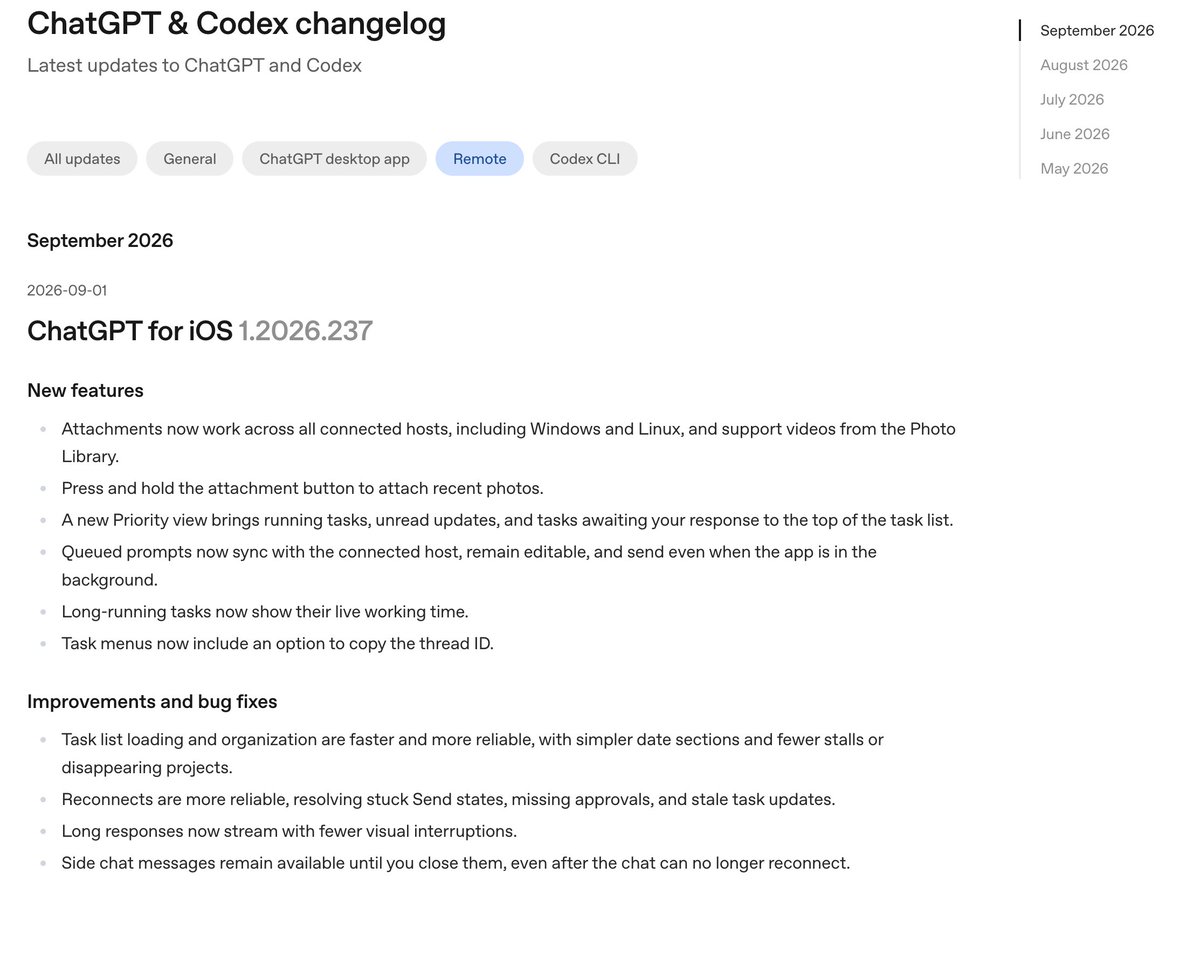 ChatGPT iOS 新版发布，改进 Codex Remote 并新增优先级模式。