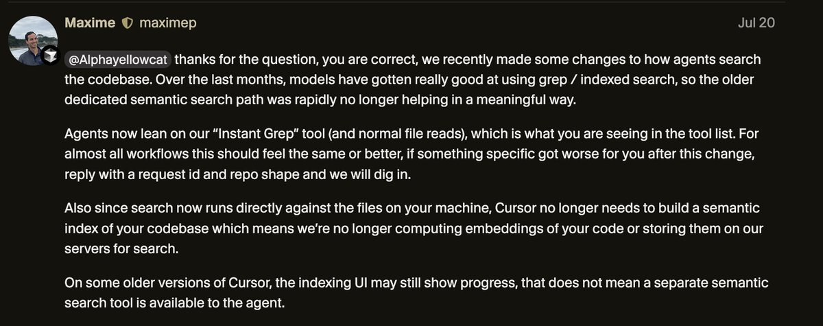 Cursor 放弃服务端 RAG 向量索引,改用类似 Grep 的 agent 工具调用做代码检索