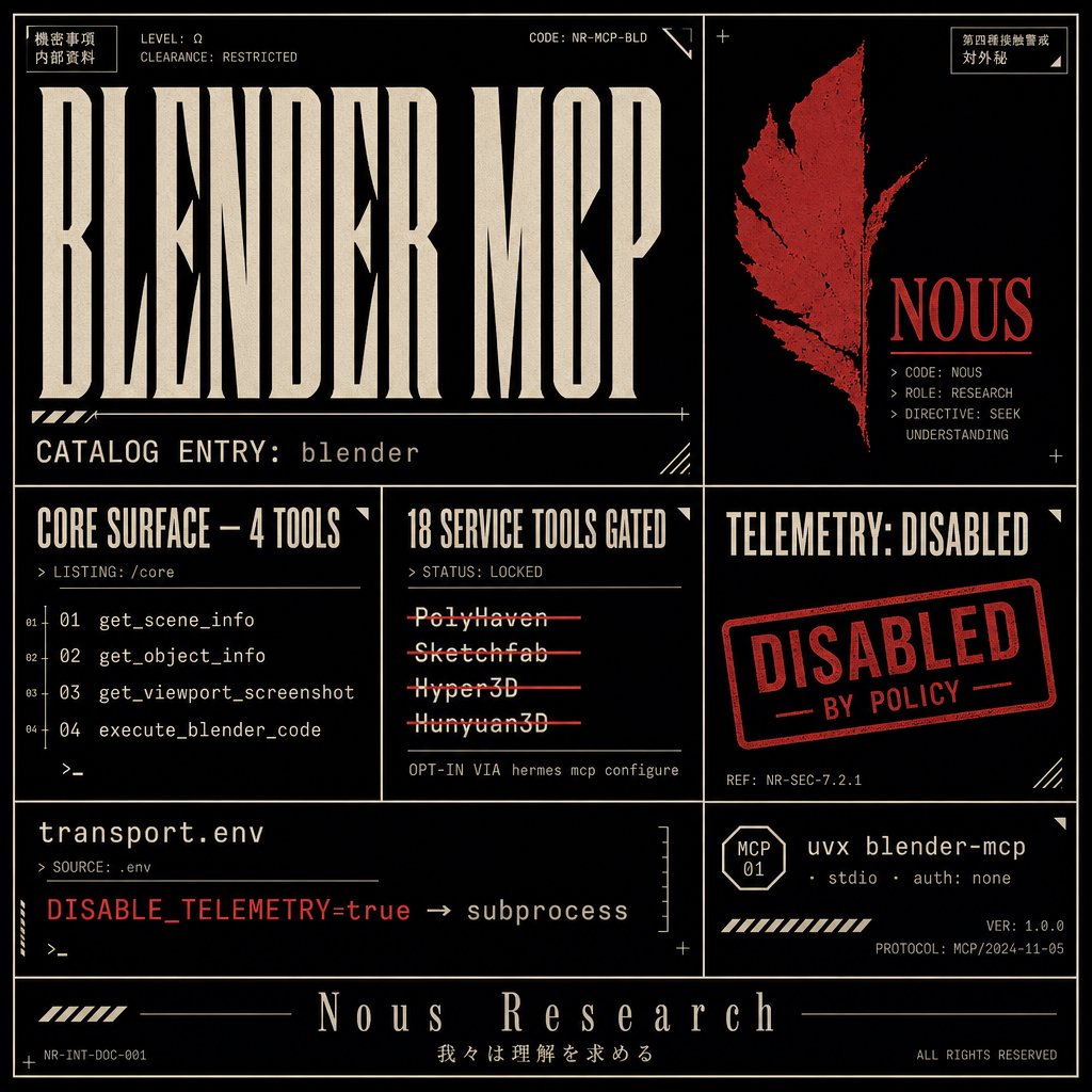Blender MCP加入Hermes Agent目录，可一键安装并调用
