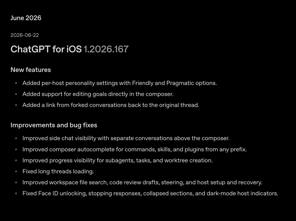 ChatGPT iOS更新发布，修复Codex Remote并改进多项功能