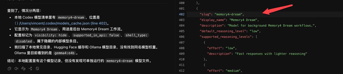 推友发现 Codex 模型列表中出现神秘的 memory4-dream，询问用途