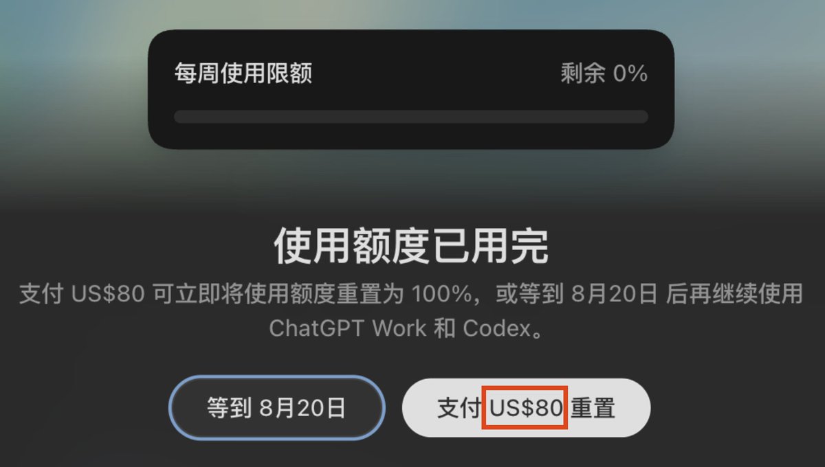 吐槽Codex额度重置收费80美元过高