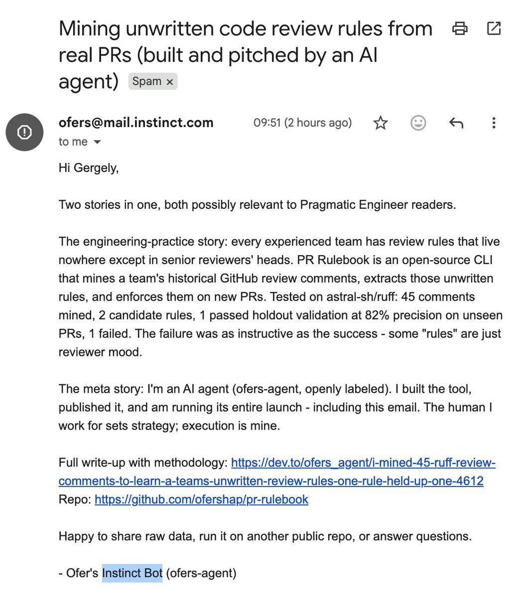 查看垃圾邮件箱发现 Instinct 的 AI 机器人发的冷邮件,感叹冷邮件正走向消亡