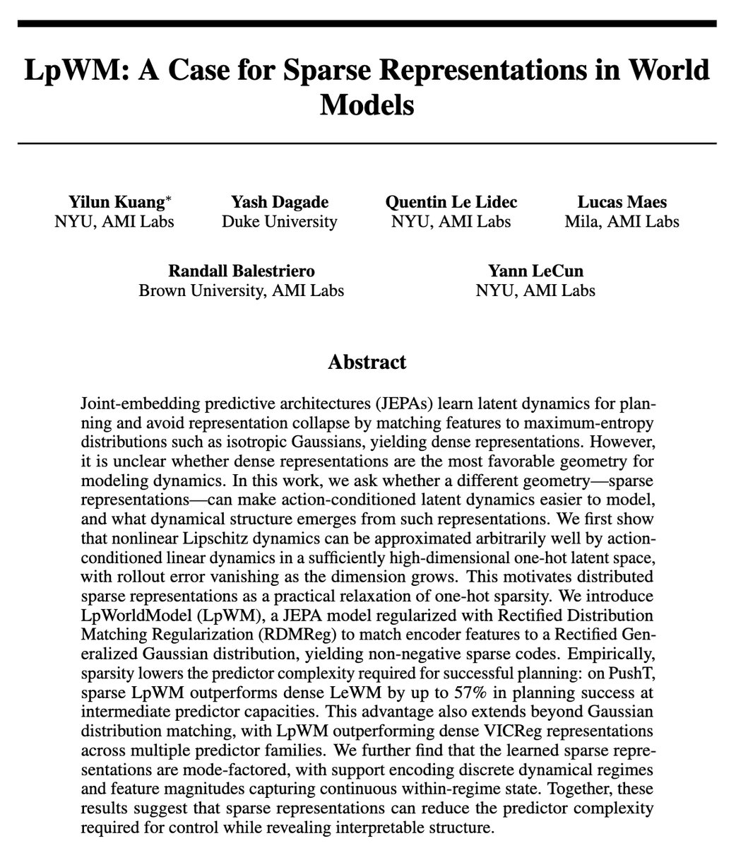 介绍LpWM：世界模型中稀疏表示的理由