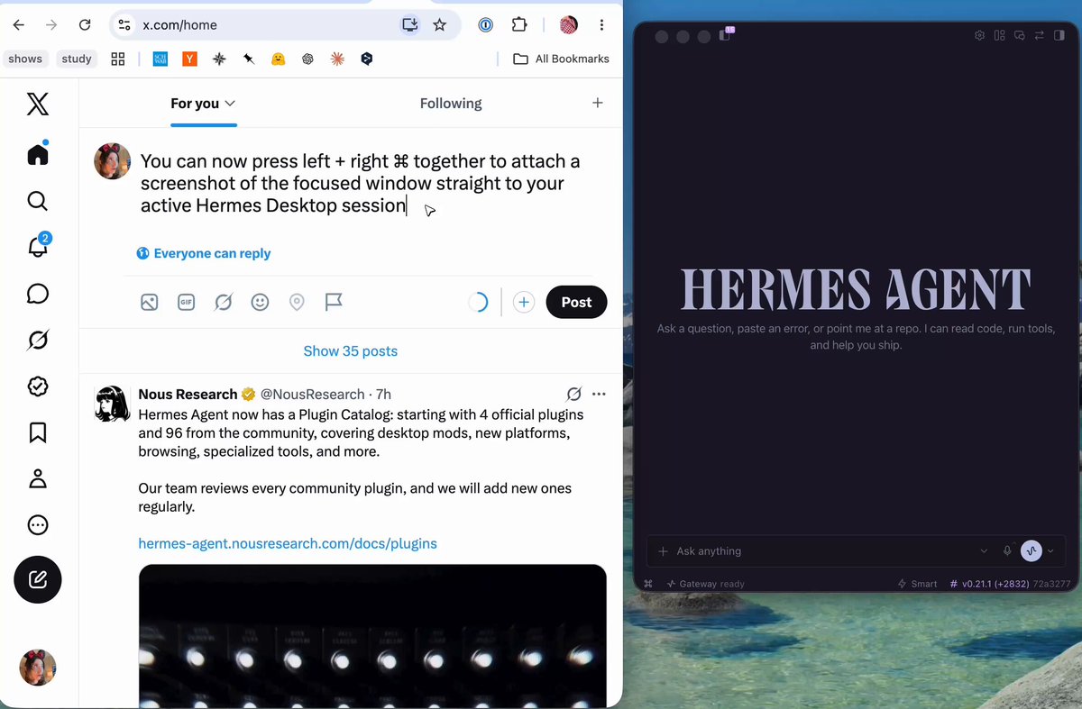 Hermes Desktop 新增快捷键:左右 ⌘ 同按可将当前窗口截图直接附到会话中