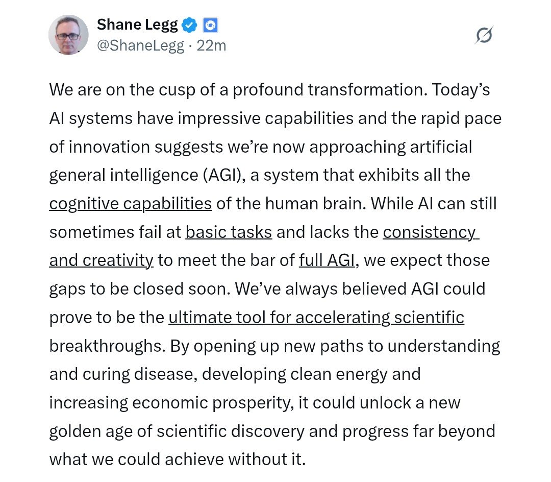Shane Legg 称创新速度表明我们正接近 AGI