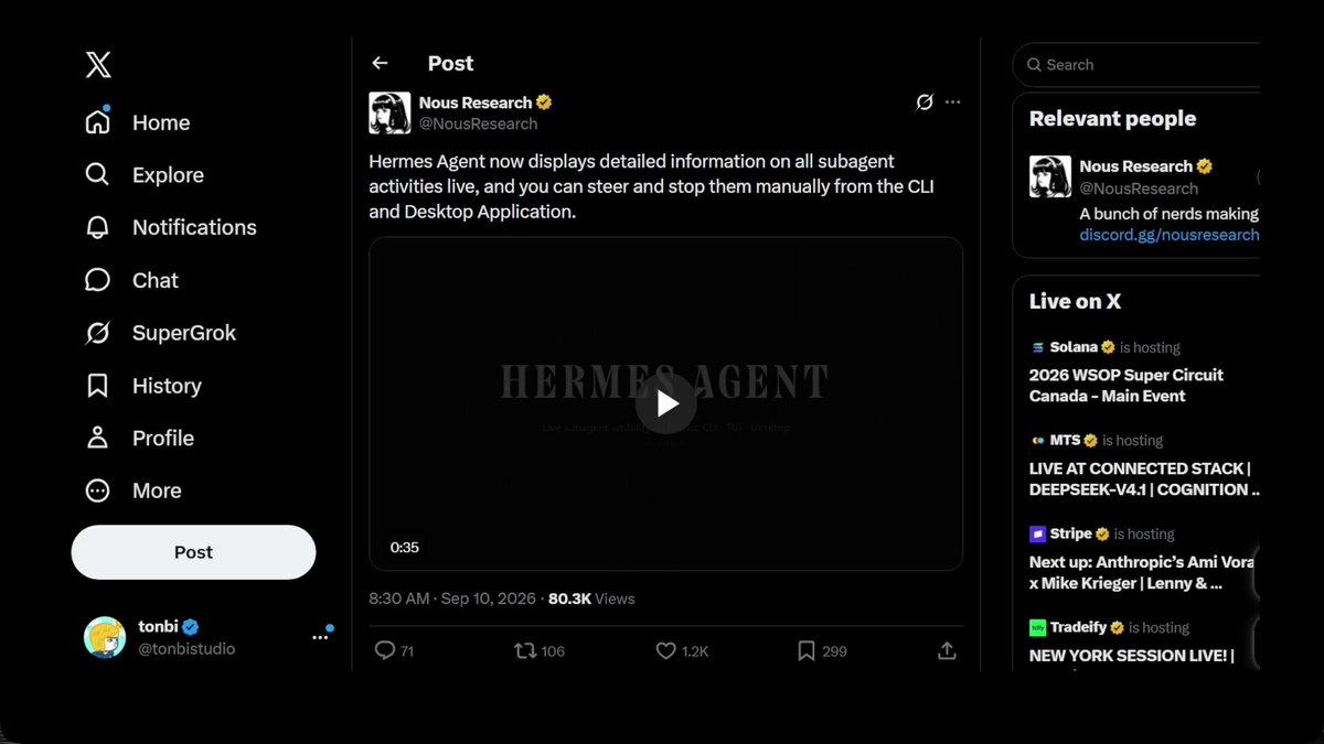 Hermes Agent 更新:实时查看并手动引导、停止子 agent 活动