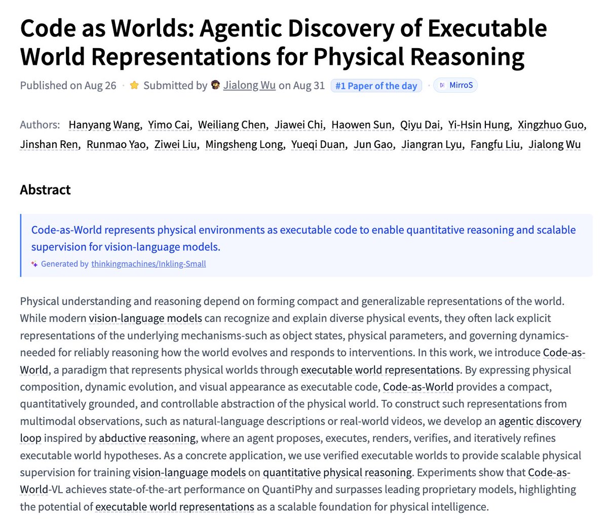 论文《Code as Worlds》提出用智能体发现可执行世界表示以进行物理推理。