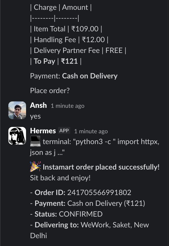 用户使用Hermes agent通过Swiggy MCP自动下单