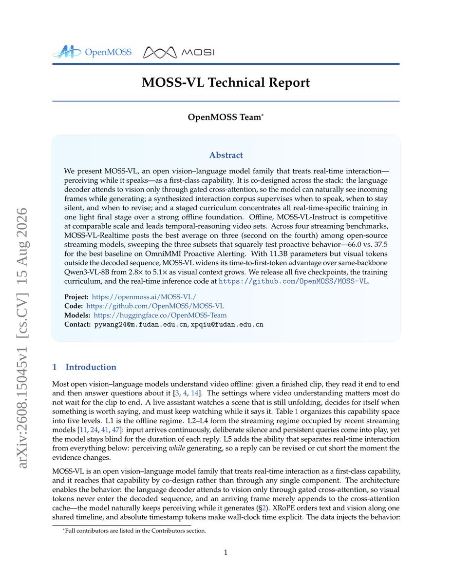 OpenMOSS发布MOSS-VL，11B开源视觉语言模型，支持实时视频理解。