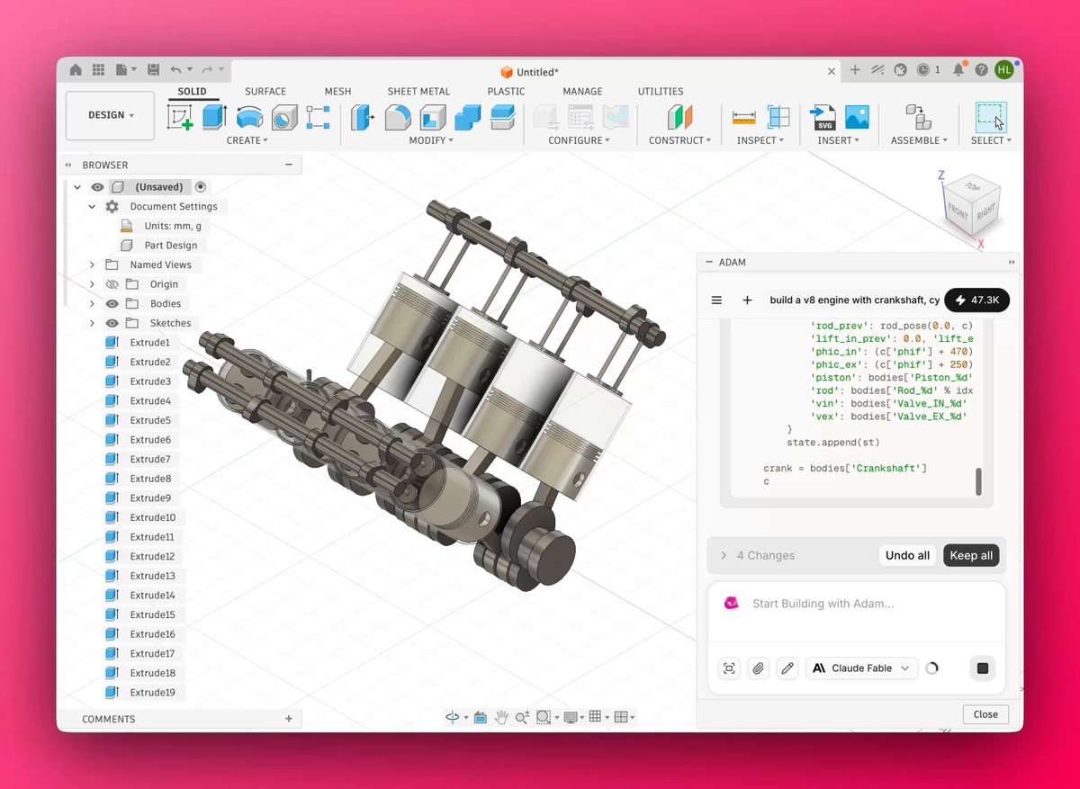 Claude Fable 5生成V8发动机CAD模型
