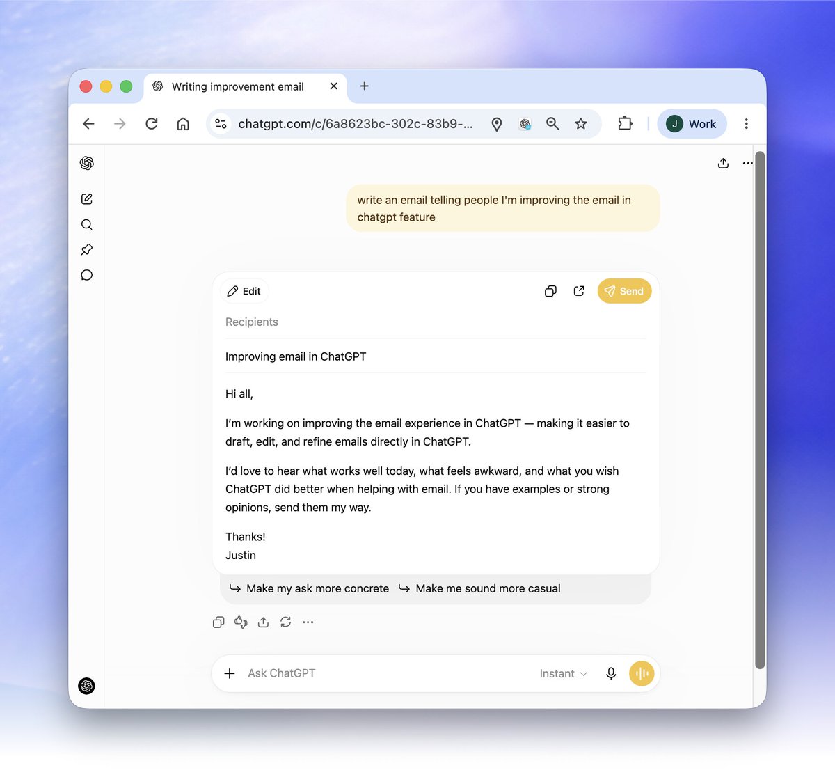 作者探讨 ChatGPT 邮件发送功能，征求改进意见。