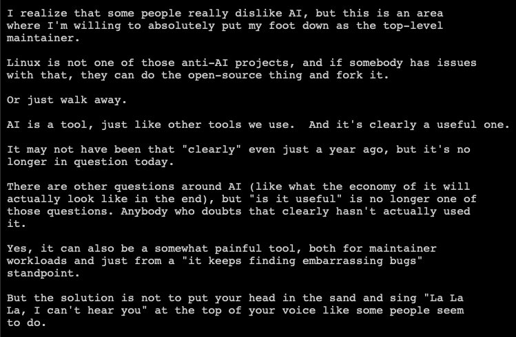 Linus表示AI将用于Linux内核开发，反对者可fork。