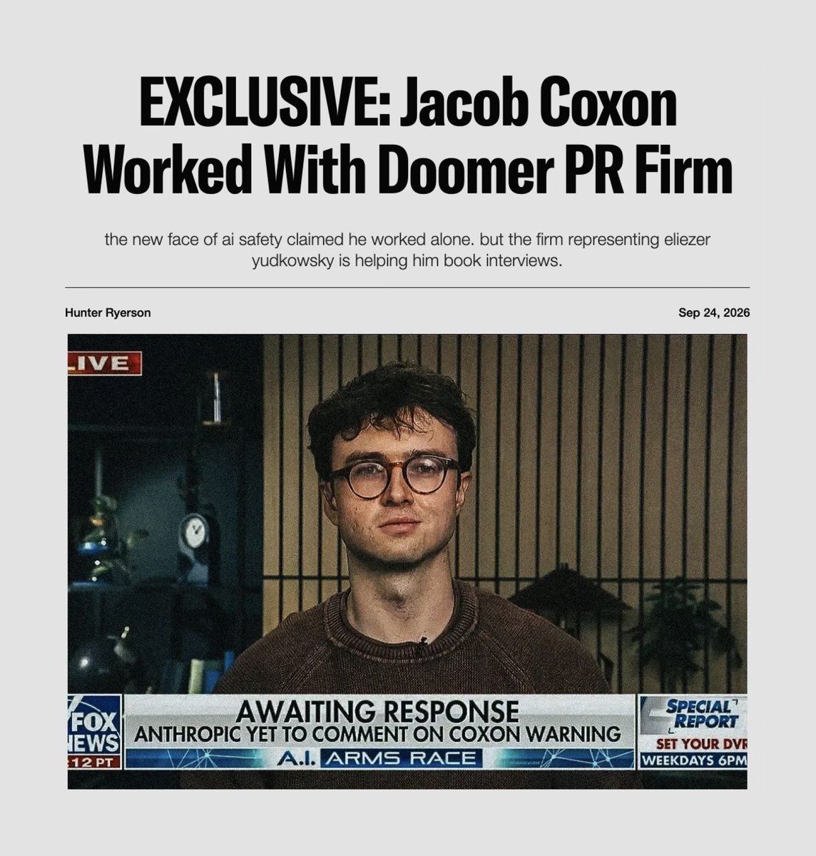 前 Anthropic 研究员 Jacob Coxon 公开 AI 恐惧成媒体明星,被曝由 AI 安全派公关公司 DEY. 安排采访